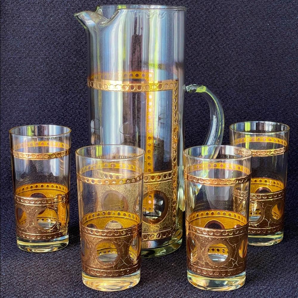 CULVER Mid Century 24KARAT Glass Pitcher & High Ball Glasses (SCARFACE)